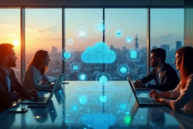Reunião de negócios com profissionais usando laptops e ícones de tecnologia em nuvem holográficos em sala de conferência com vista para a cidade ao pôr do sol